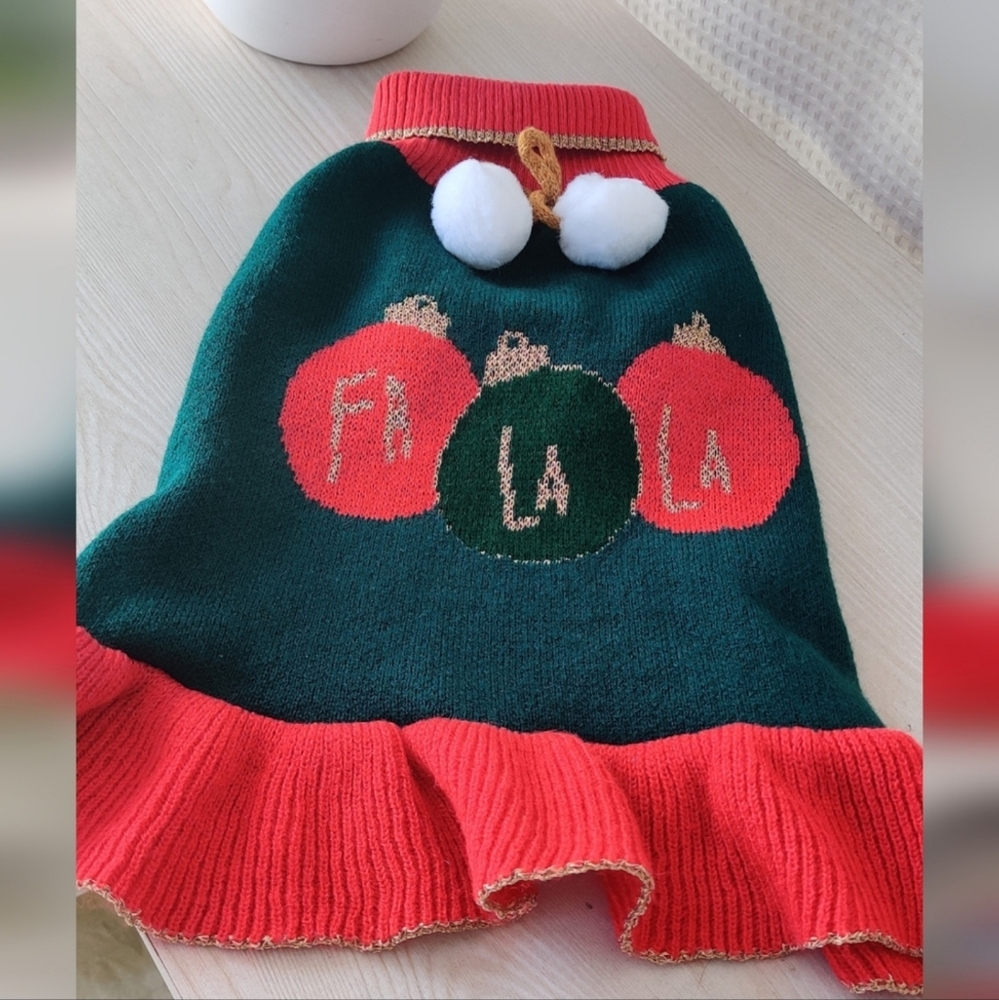 Posh Paws, Happy Holidays Fa La La Green and Red Doggie Sweater Dress Size S💰